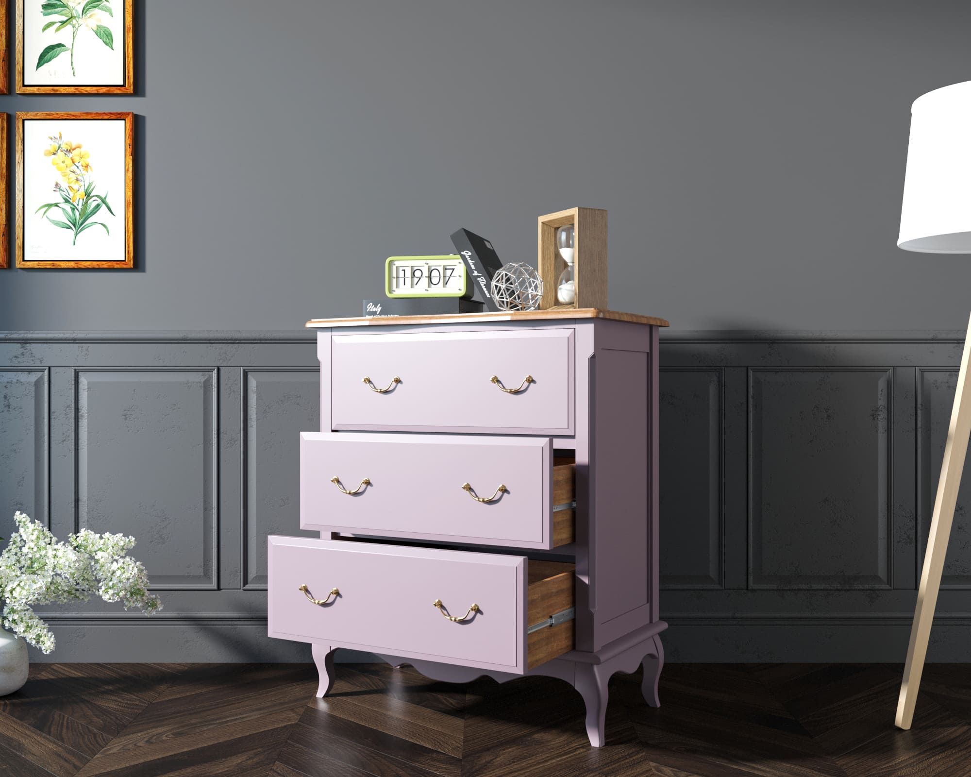 Комод из дерева Leontina Lavanda три ящика арт ST9356L