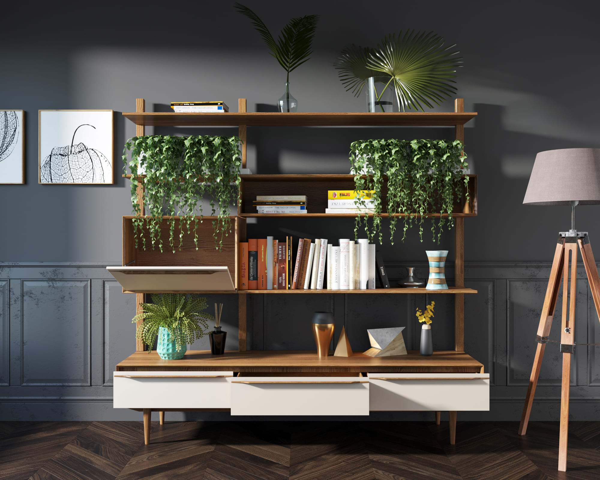 Стеллаж "Bruni white" с ящиками массив