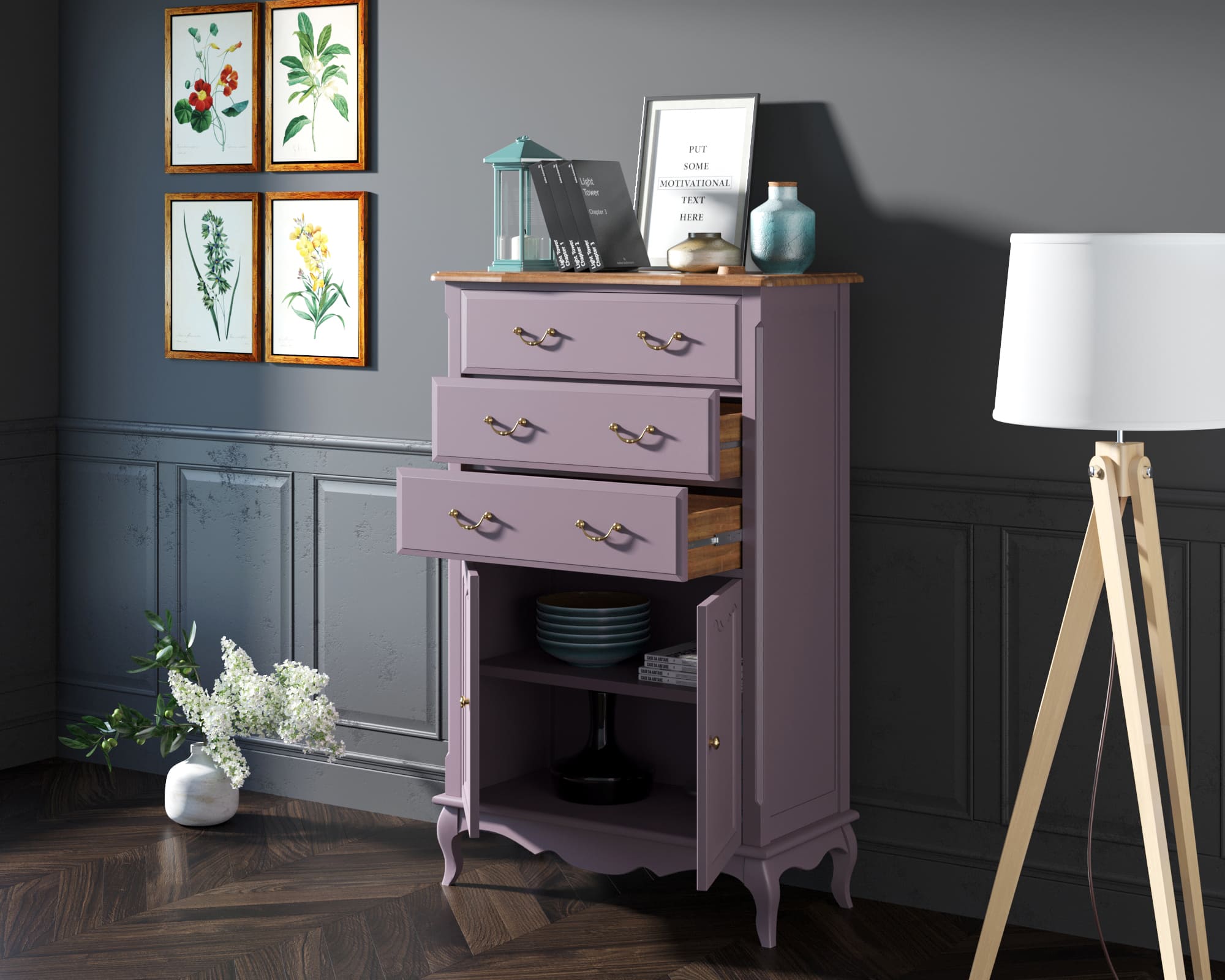 Комод деревянный Leontina Lavanda три ящика две дверки арт ST9354L