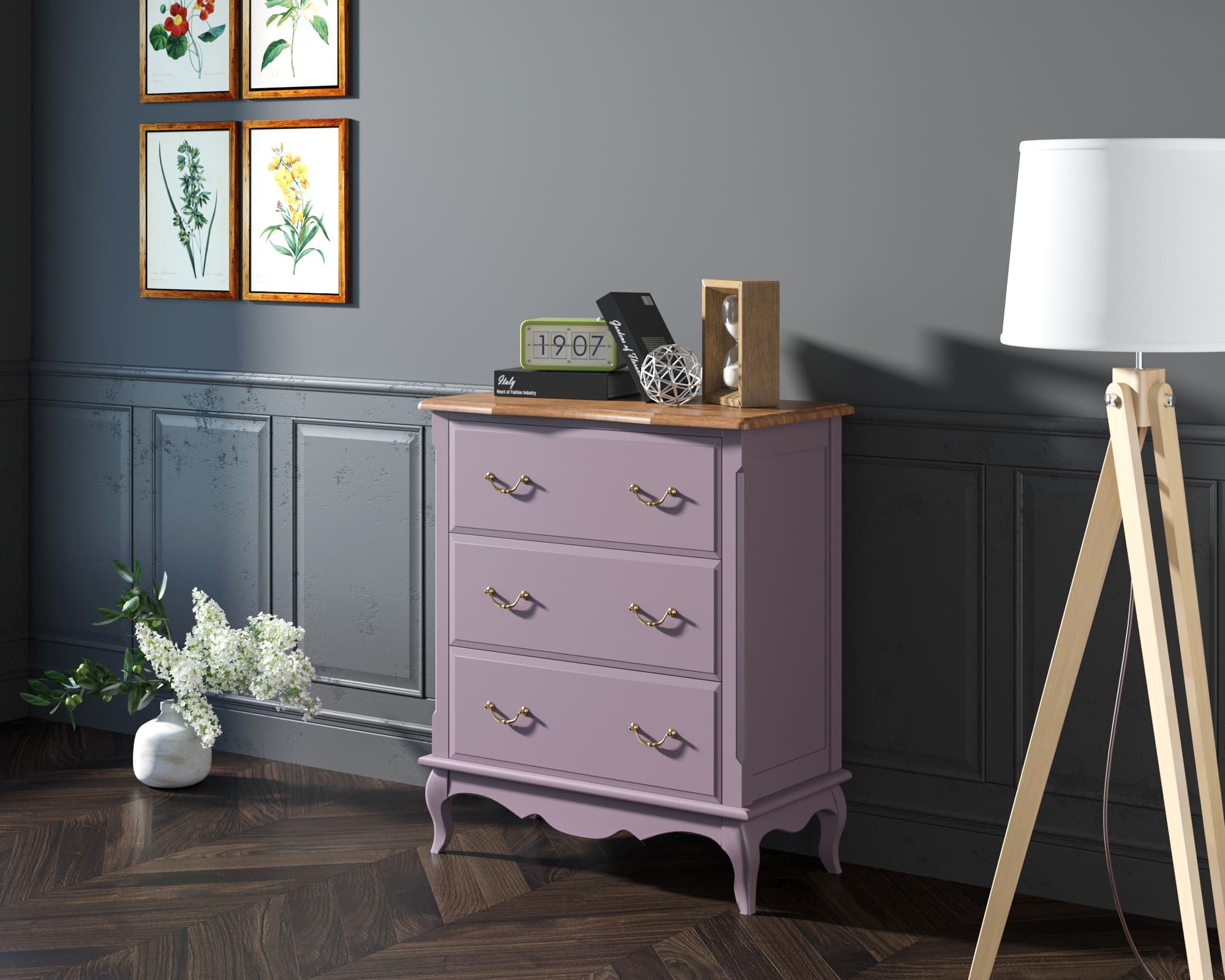 Комод из дерева Leontina Lavanda три ящика арт ST9356L