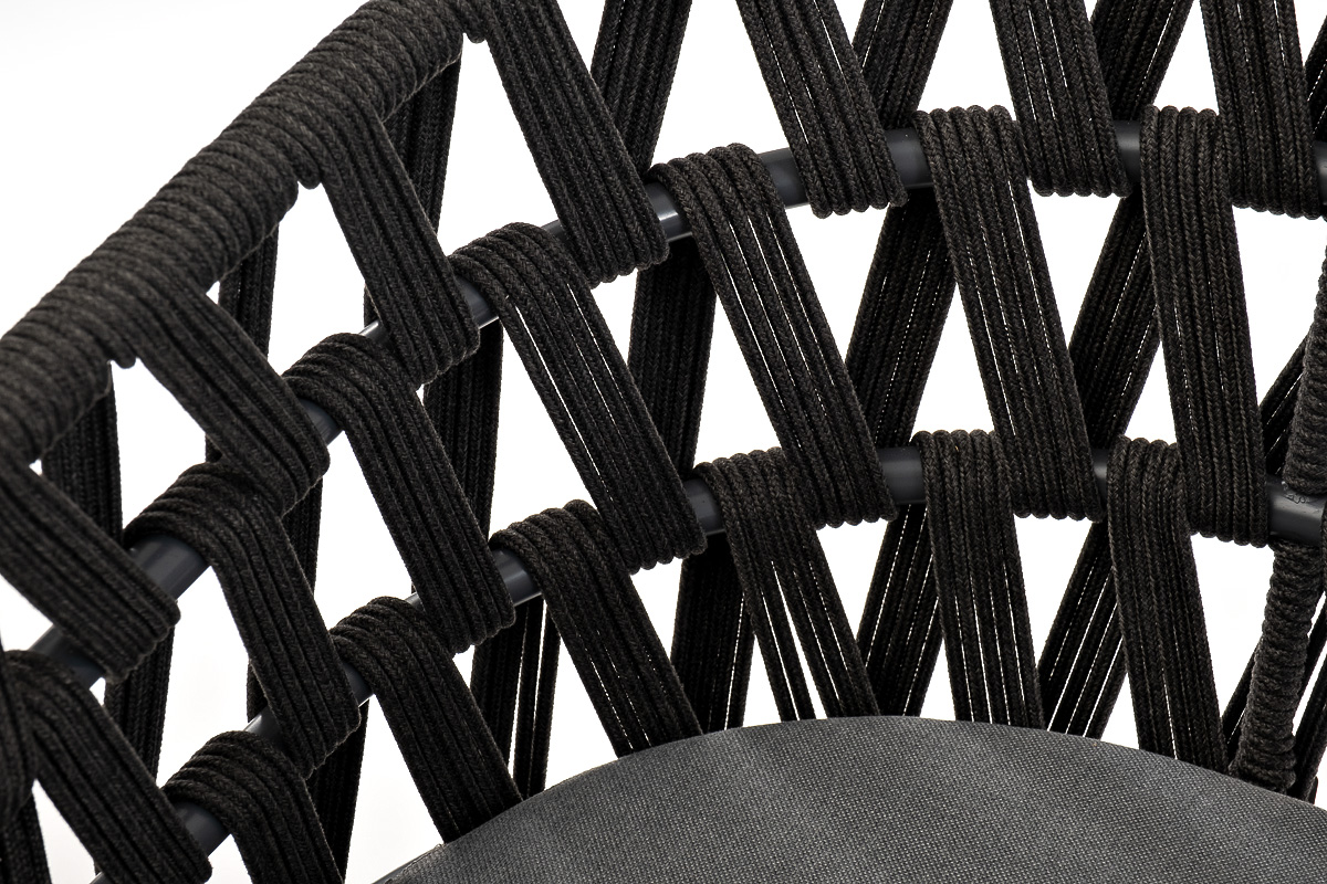 "Диого" стул плетеный из роупа, основание дуб, роуп темно-серый круглый, ткань серая