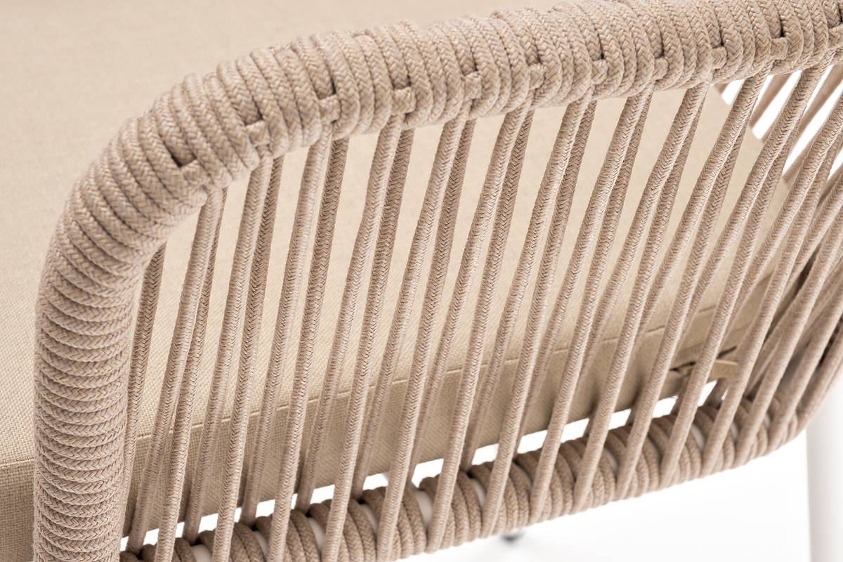 "Леонардо" стул плетеный из роупа, каркас из стали белый муар, роуп бежевый круглый, ткань бежевая
